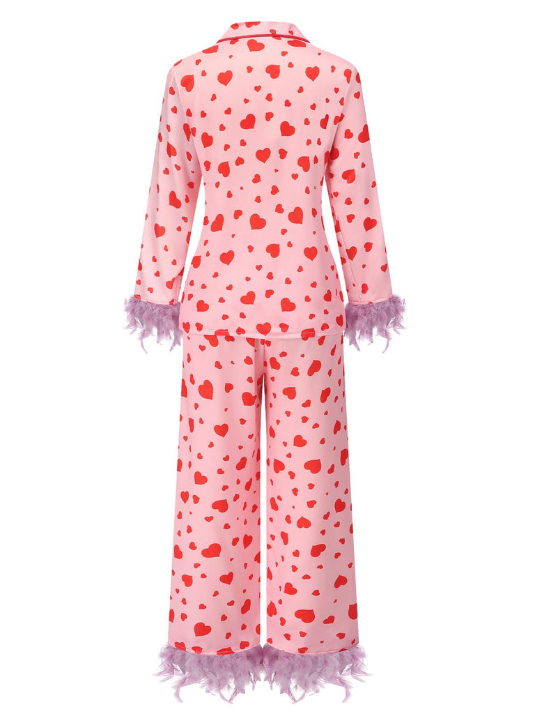 Pink 1940s Heart Print Casual Pajama Set