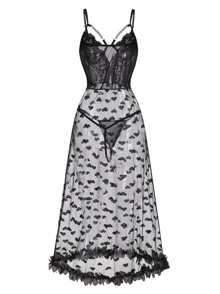 Black 1950s Spaghetti Strap Heart Lace Nightgown