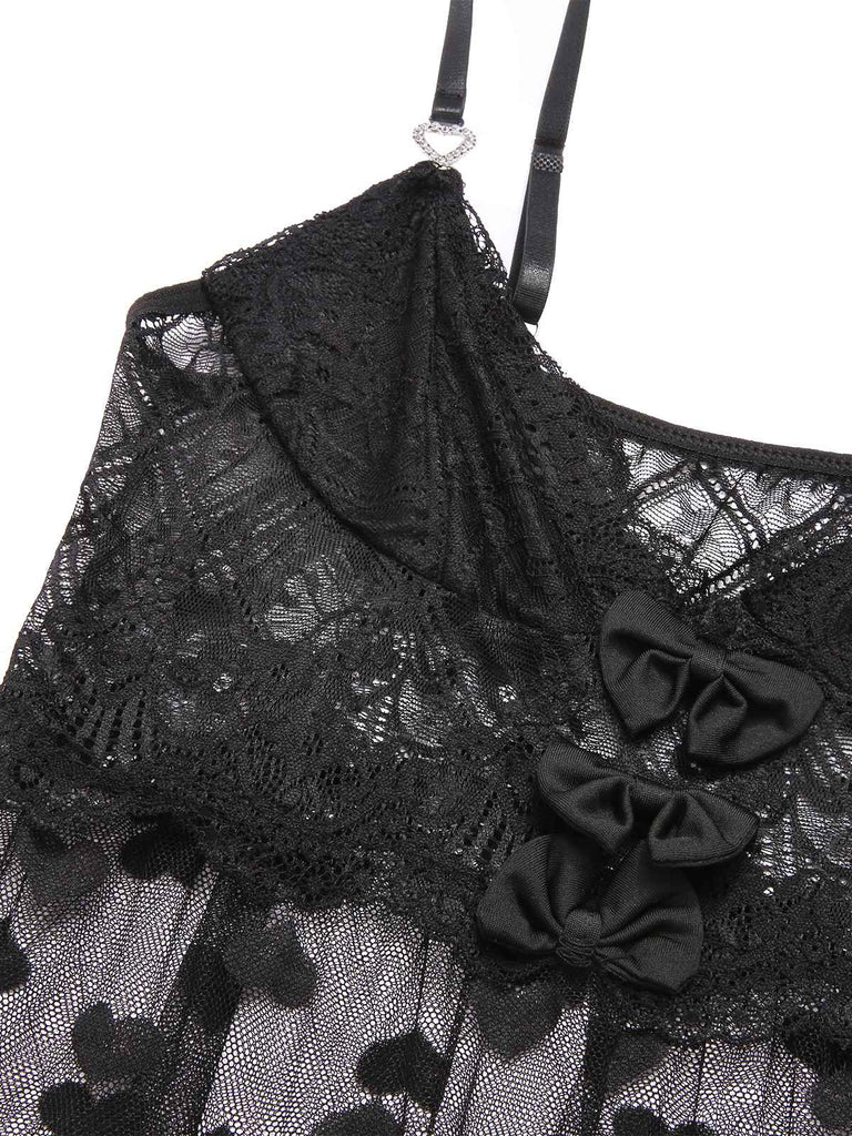 Black 1950s Lace Hearts Mesh Nightgown