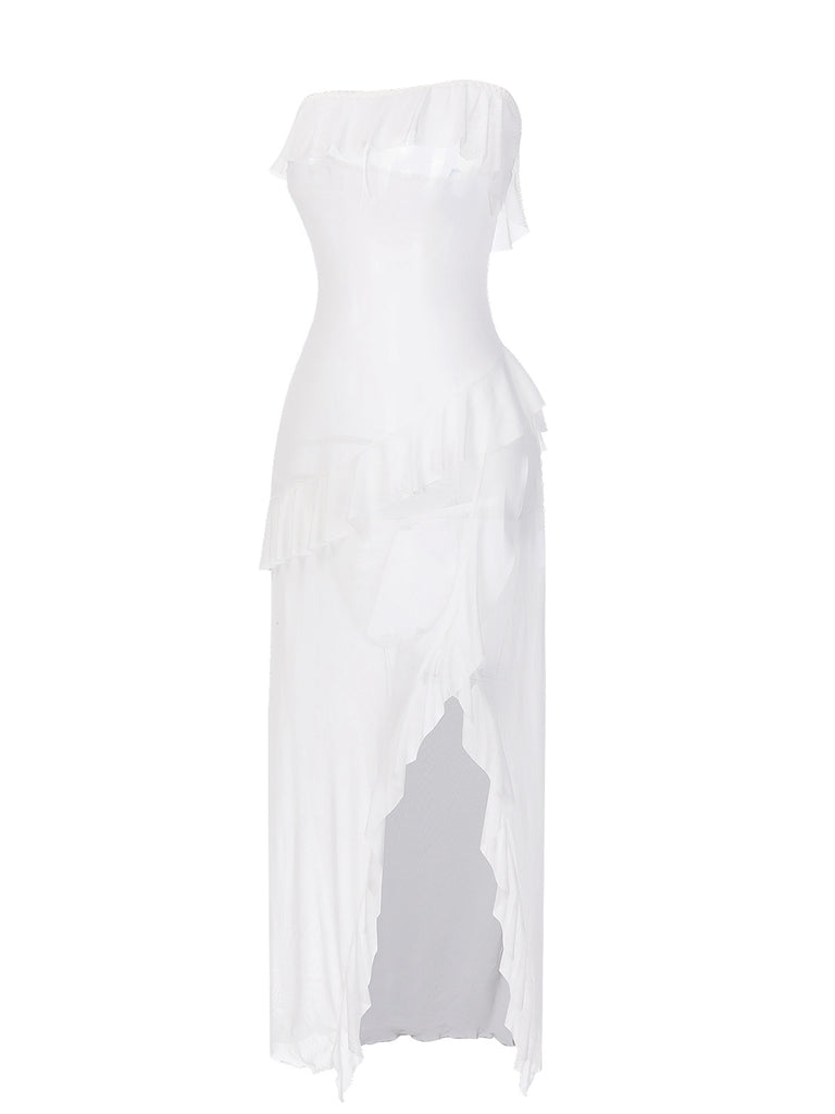 1930s Solid Ruffles Oblique Hem Bandeau Nightgown