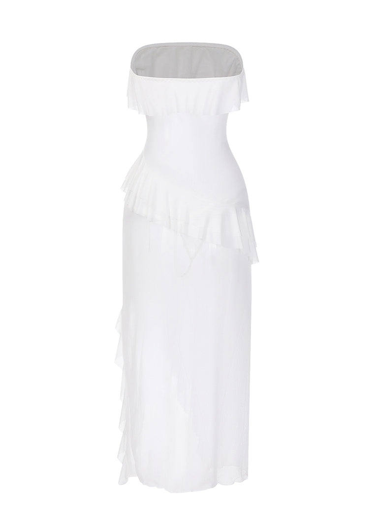 1930s Solid Ruffles Oblique Hem Bandeau Nightgown