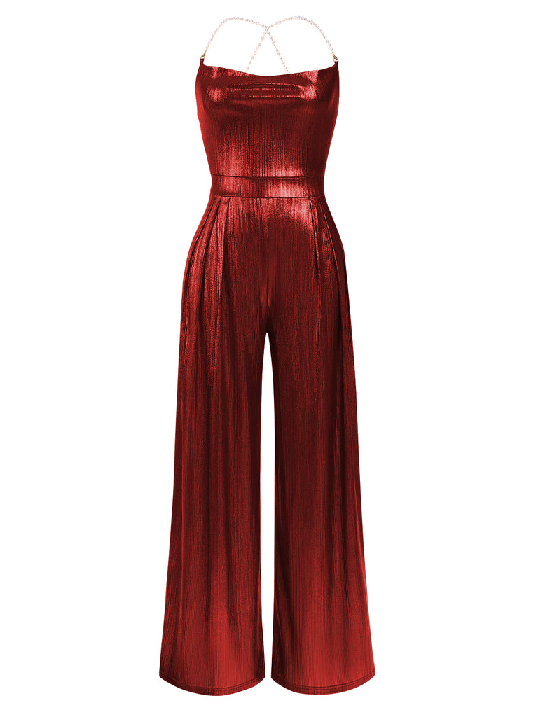 Metallic Red 1980s Cowl Neck Spaghetti Strap Jumpsuit