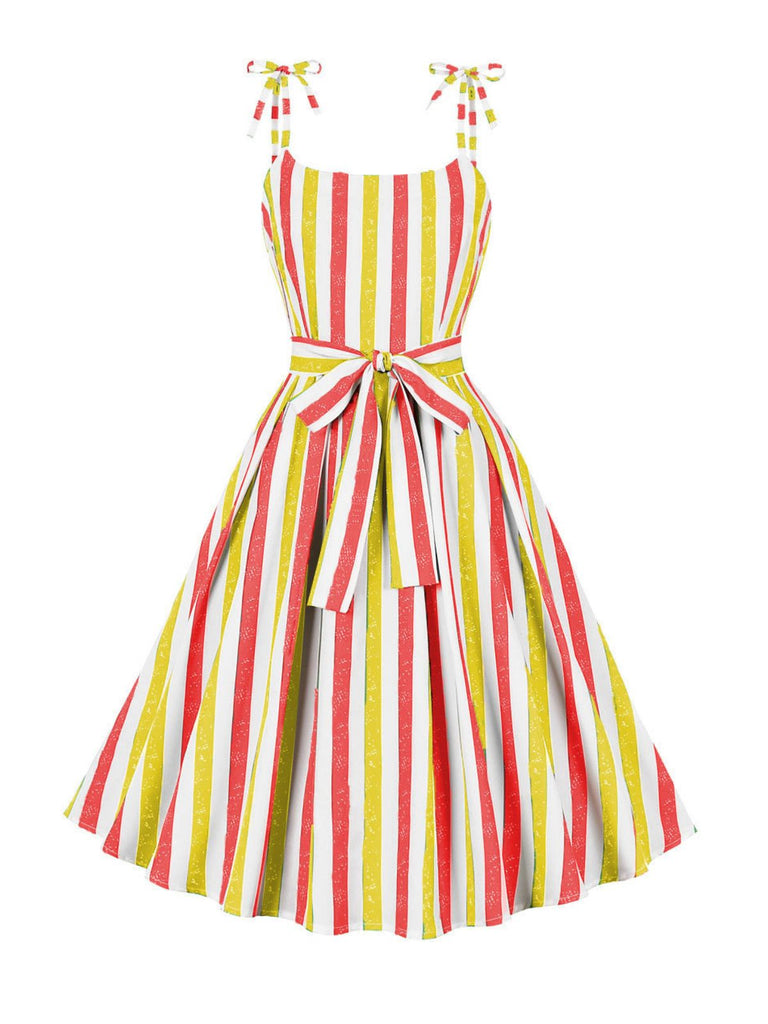 Pink 1950s Shoulder Tie Belted Stripes Dress