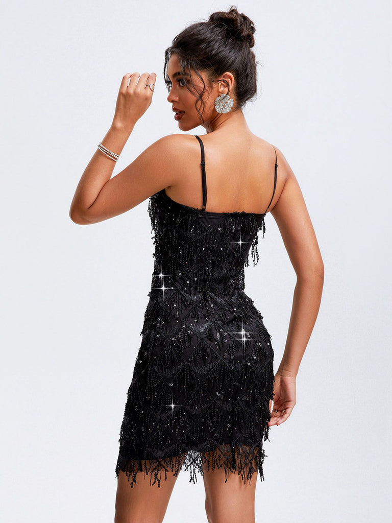 Black 1920s Spaghetti Straps Sequined Flapper Dress