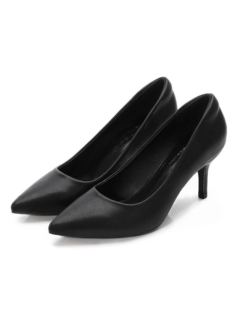 Black Solid Leather Stiletto Heel Shoes