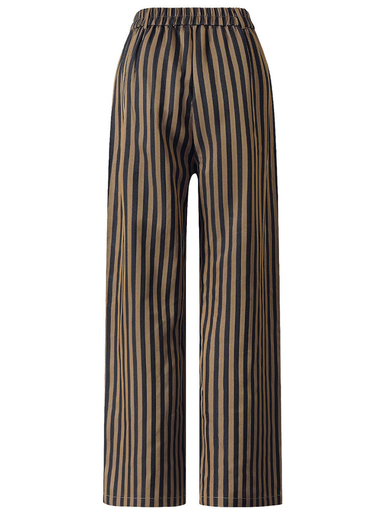 Brown 1940s Stripes Straight-Leg Pants