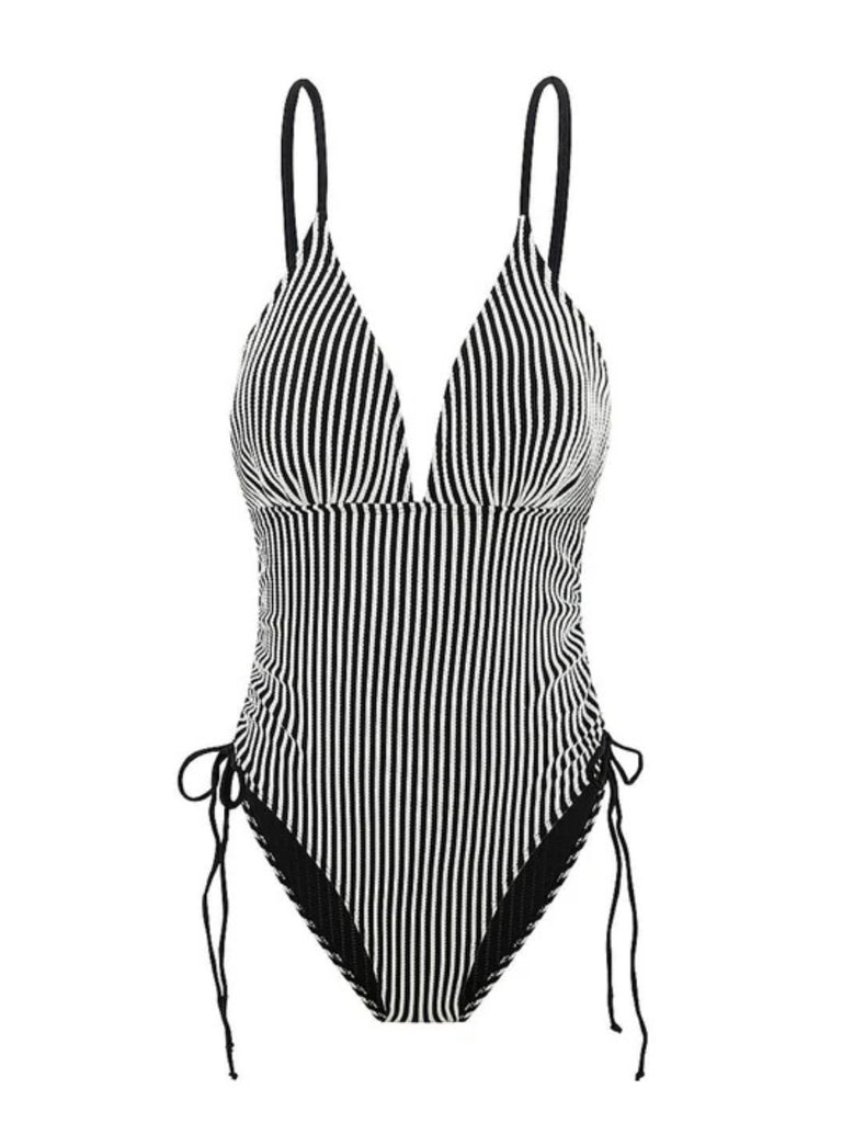 1960s Spaghetti Strap Contrast Stripes One-Piece Swimsuit