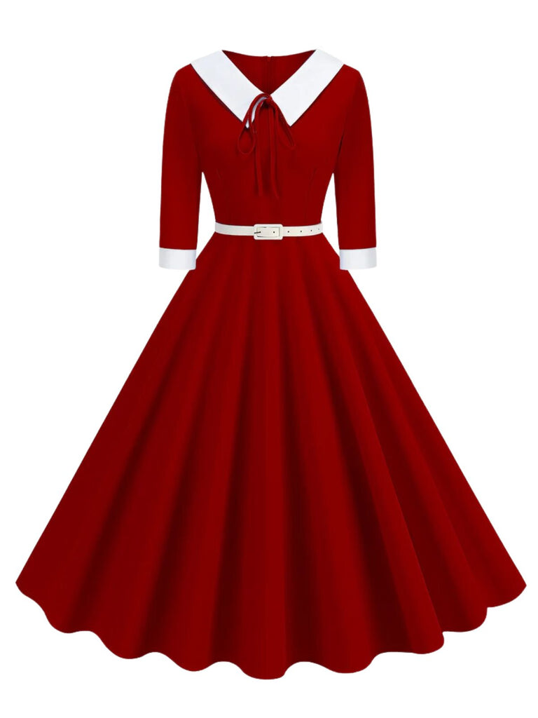 1950s Contrast Tie Neck Belted Lapel Dress