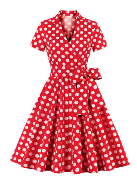 [Plus Size] 1950s Polka Dots Waist Tie Lapel Dress | Retro Stage