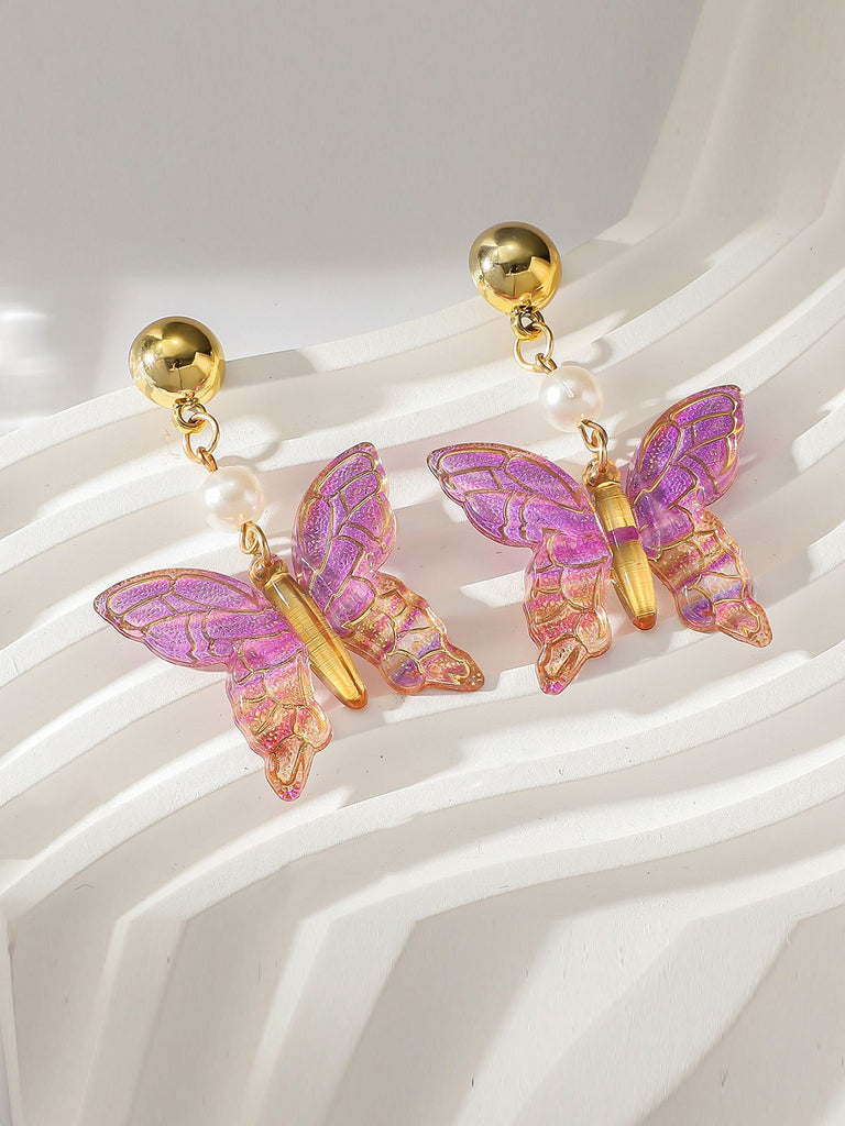 Retro Colorful Butterfly Pearl Earrings