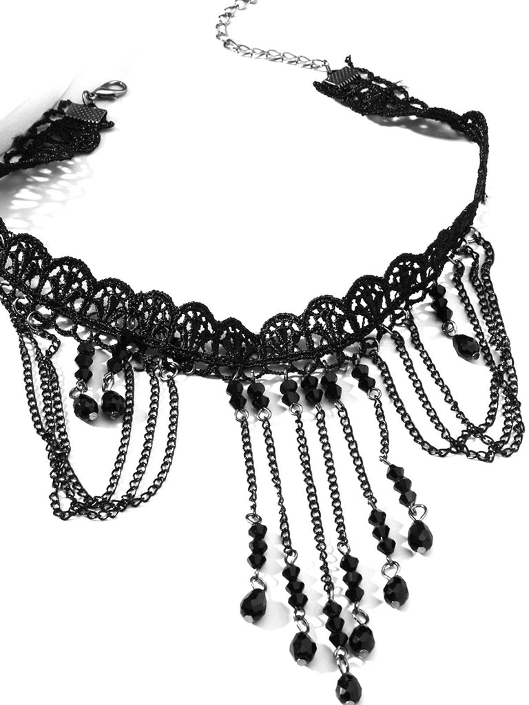 Black Halloween Gothic Lace Beaded Choker Necklace