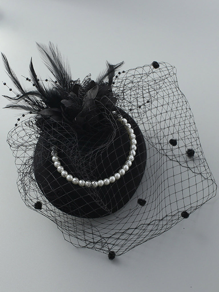 Vintage Feather Pearl Mesh Hat