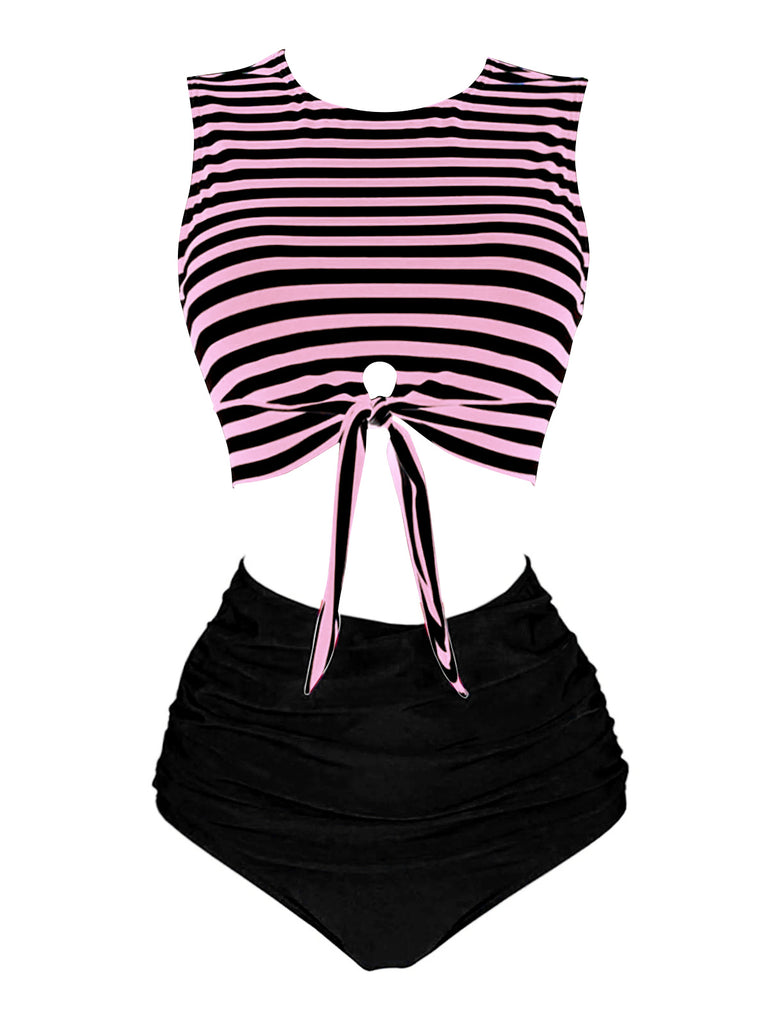 [Pre-Sale] Pink & Black 1970s Striped Waist Tie Patchwork Swimsuit