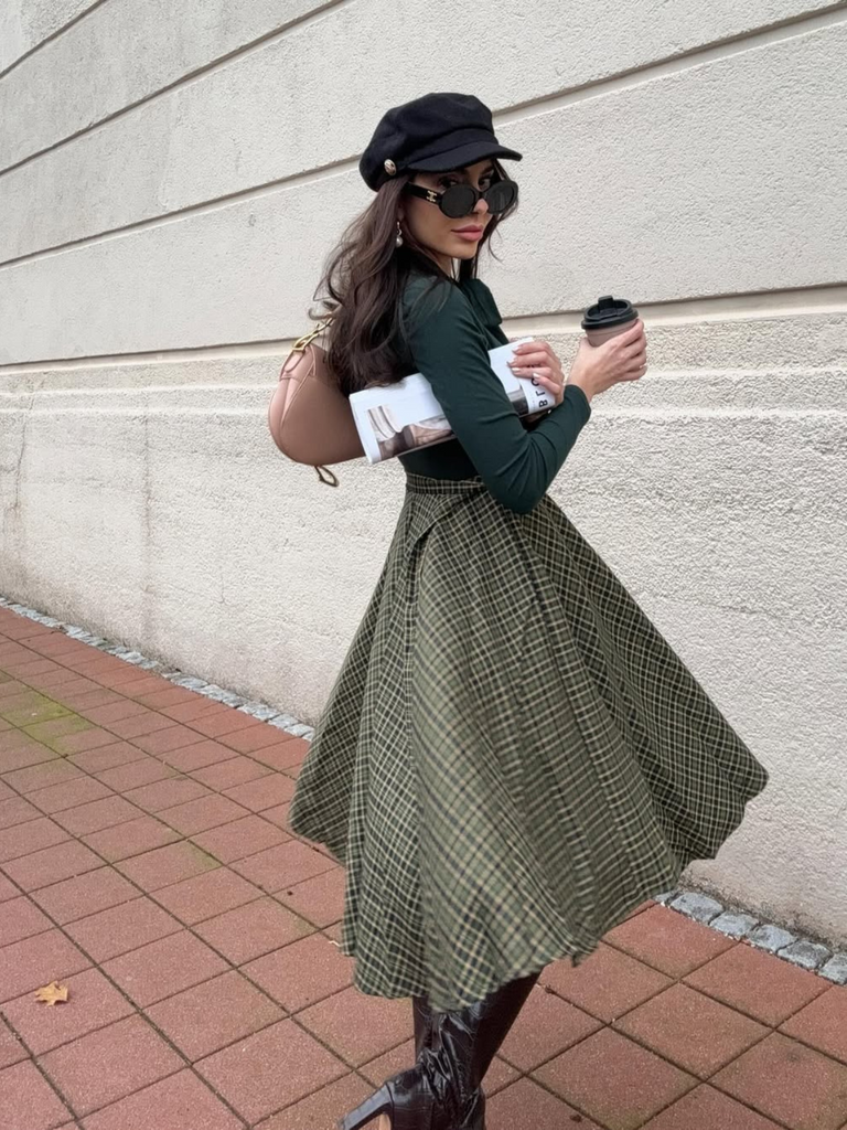 Dark Green 1950s Plaid Knitting Dress