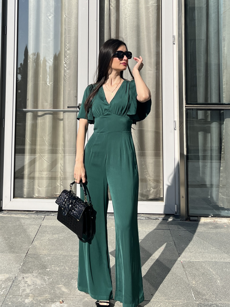 Green 1930s Solid V-Neck Jumpsuit