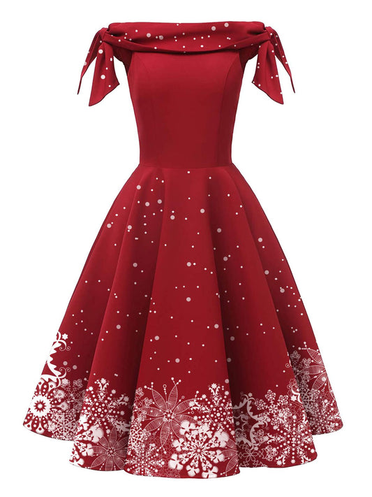 Red 1950s Off-shoulder Snowflake Dress