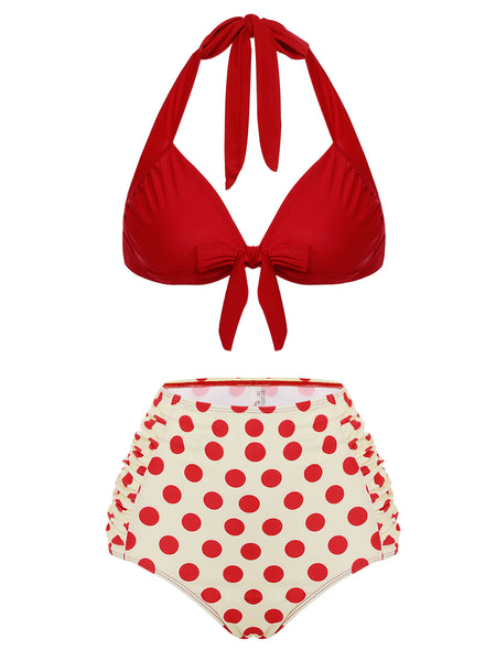 Red 1950s Polka Dots Halter Bikini Set | Retro Stage