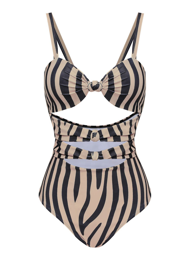 [Pre-sale] Brown Zebra Print Cutout One-Piece Swimsuit