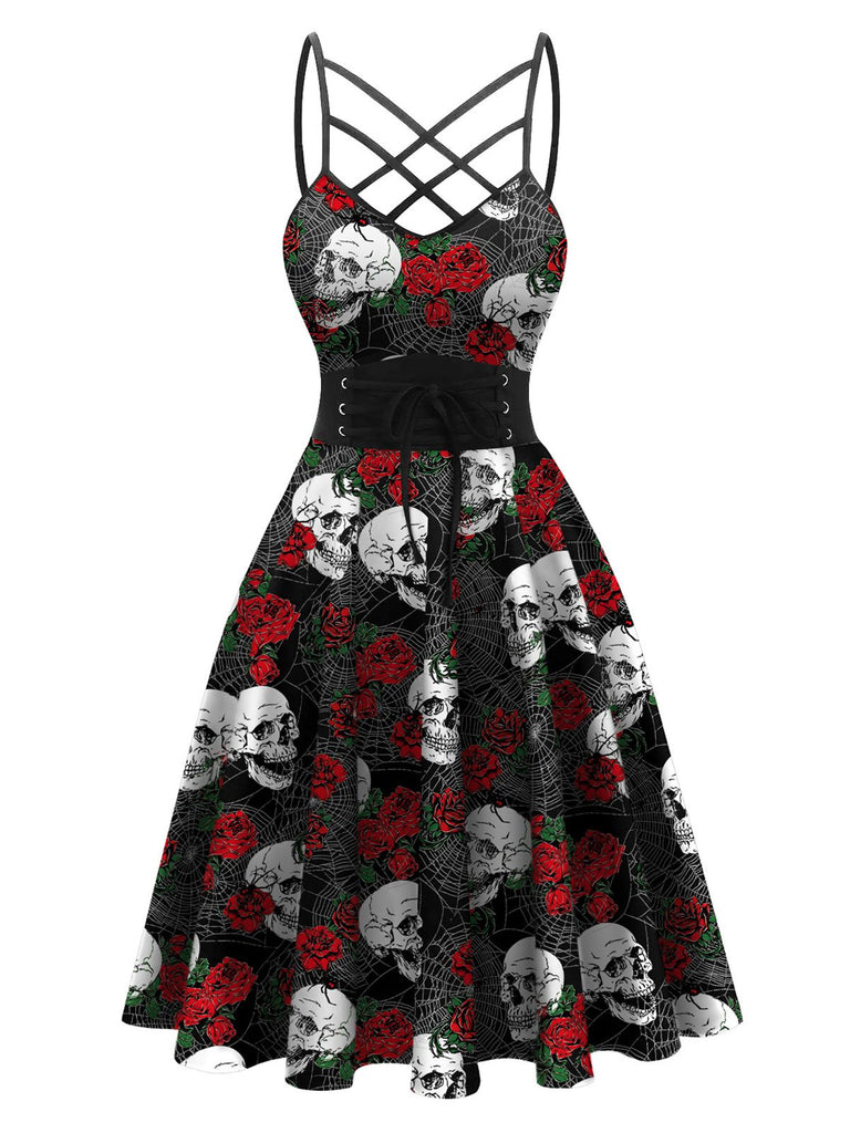 Black 1950s Skull Print Swing Dress