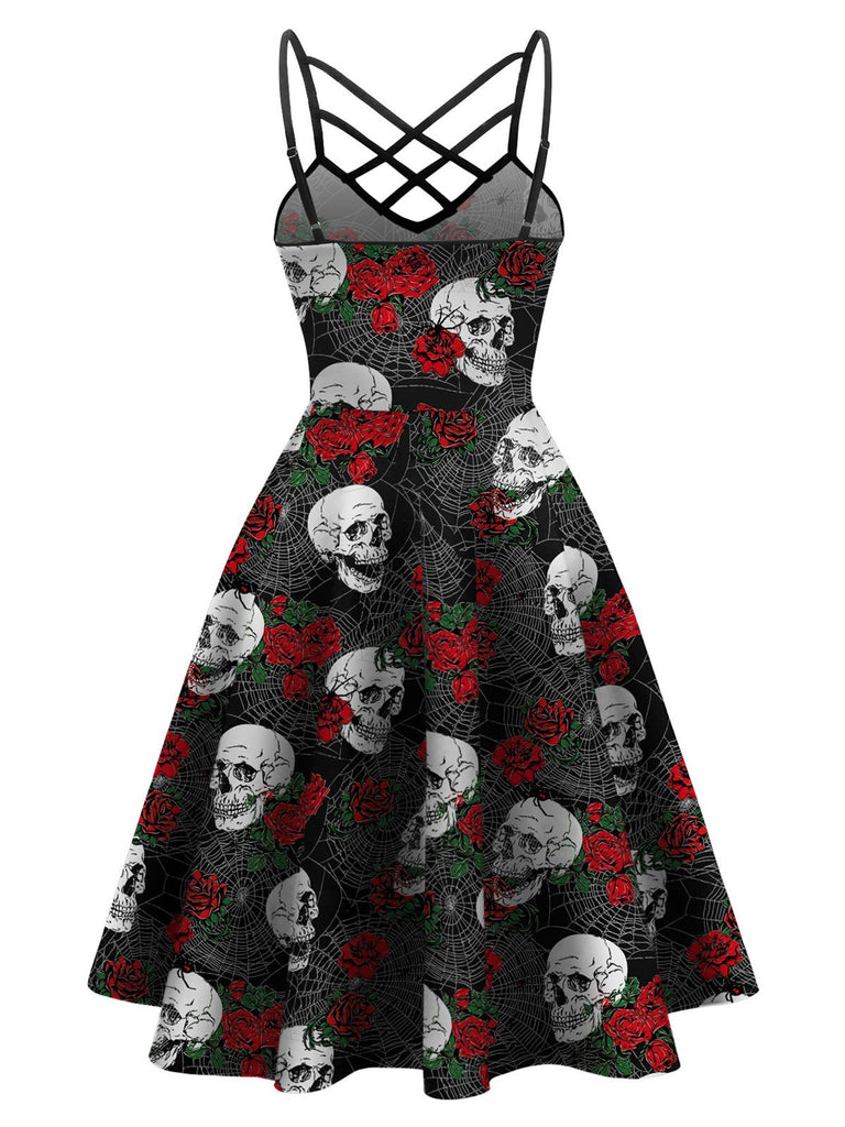 Black 1950s Skull Print Swing Dress