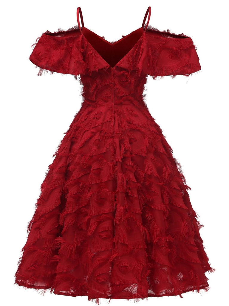 1950s Ruffle Tassel Feather Solid Dress