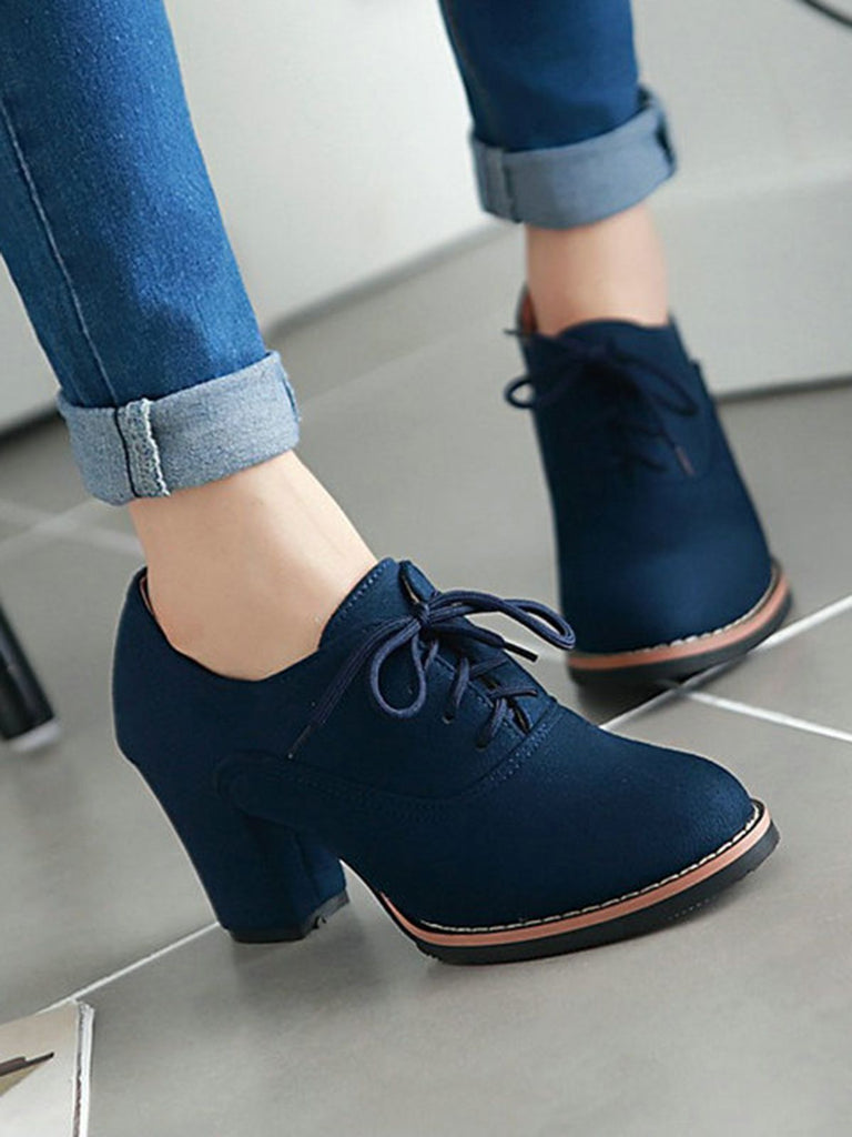 Retro Solid Lace-up Thick Heel Shoes