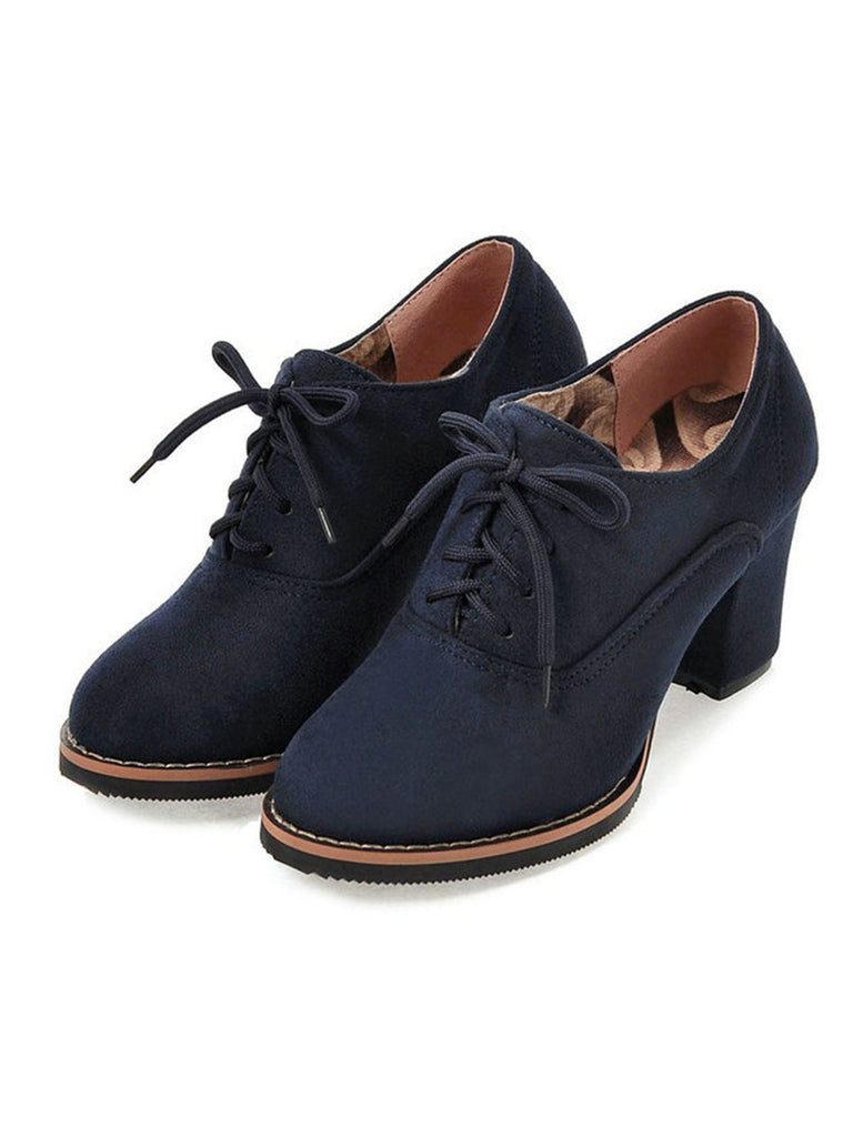 Retro Solid Lace-up Thick Heel Shoes