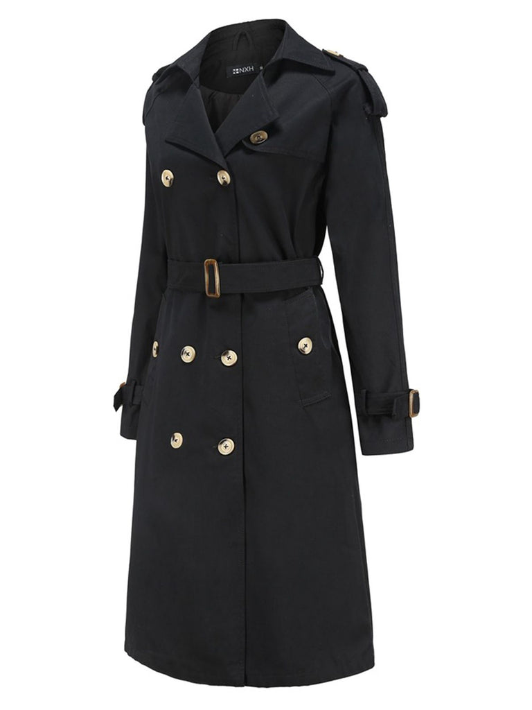 Retro Solid Button Belt Coat