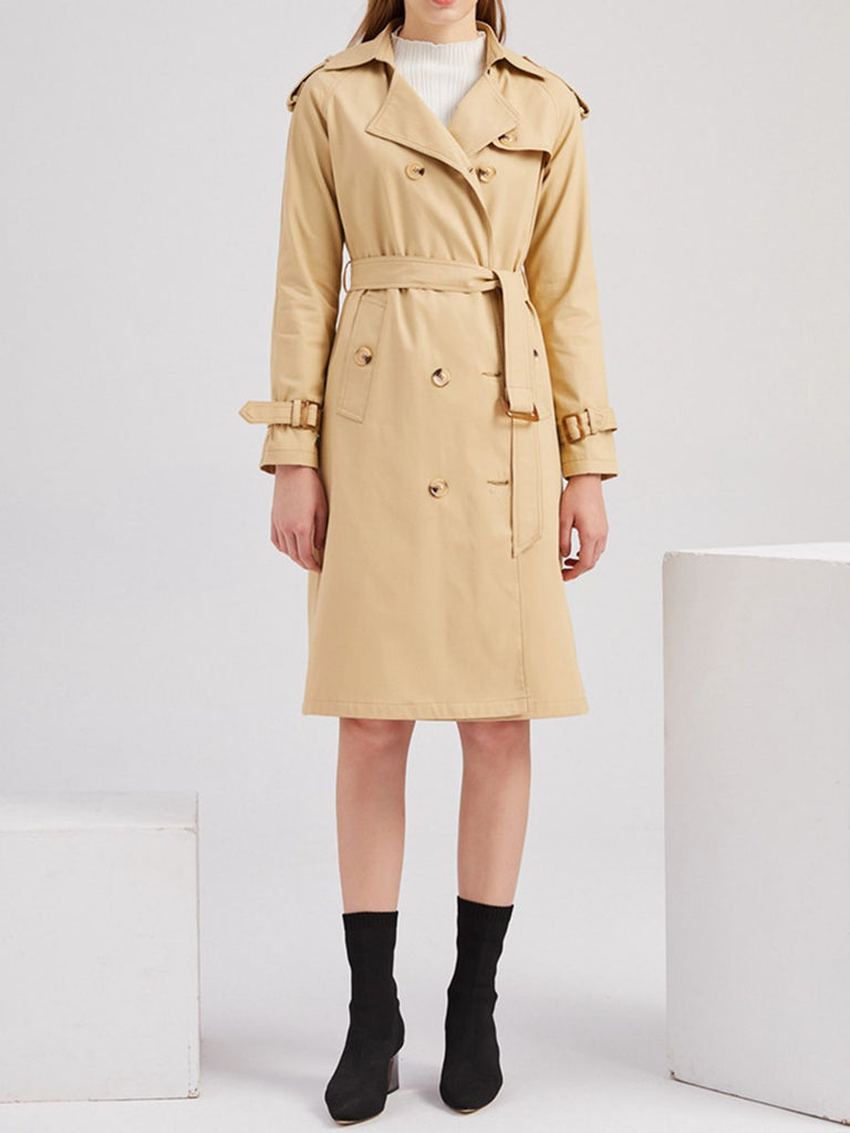 Retro Solid Button Belt Coat