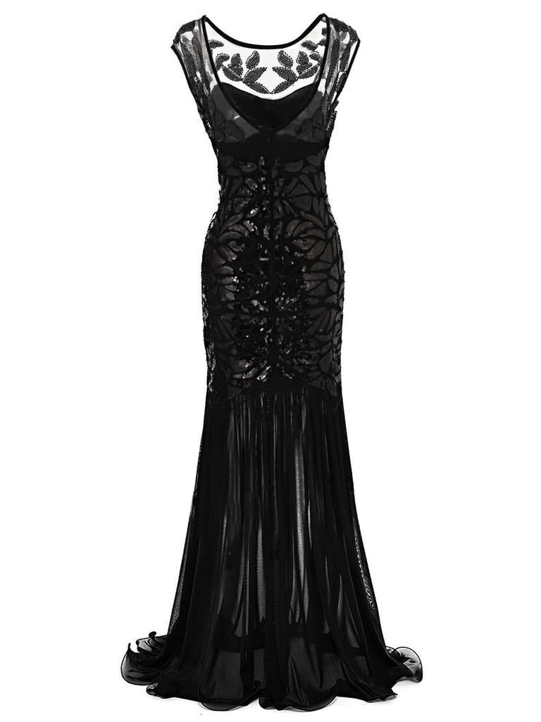 Black 1920s Sequin Maxi Flapper Dress | Retro Stage