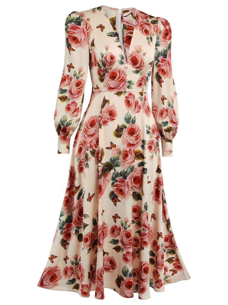 1940s Rose V-Neck Long Sleeves Dress | Retro Stage