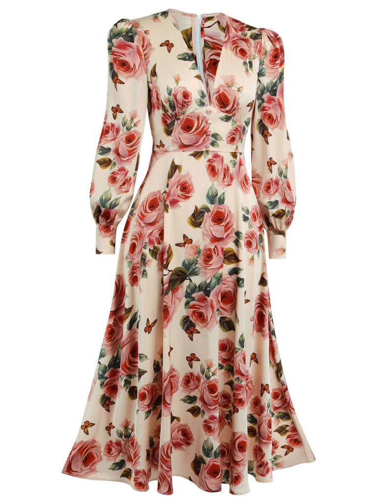 1940s Rose V-Neck Long Sleeves Dress