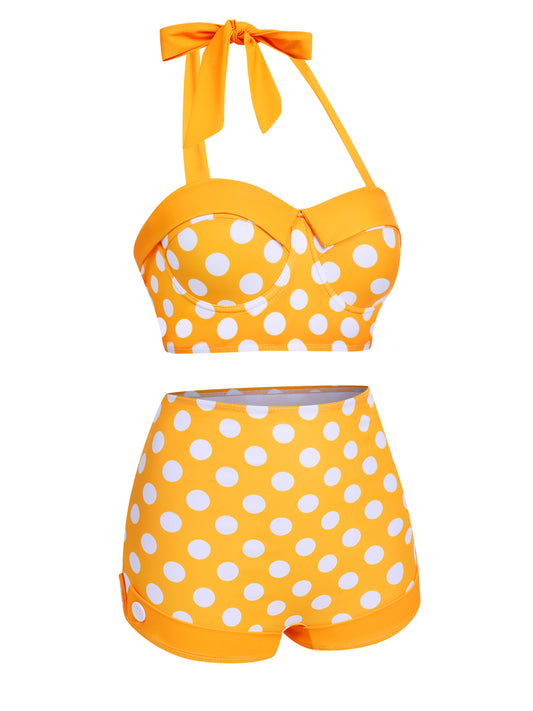 Yellow 1950s Polka Dots Halter Bikini Set