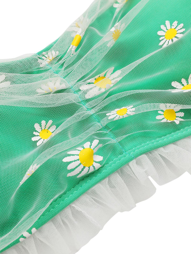 Green 1950s Summer Daisy Strap Swimsuit