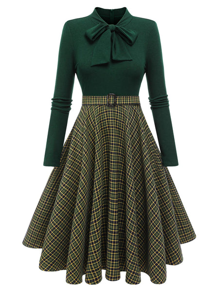 Dark Green 1950s Plaid Knitting Dress | Retro Stage