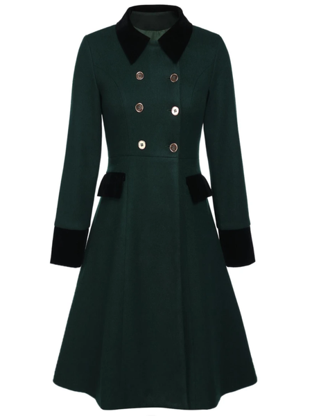 Dark Green 1940s Solid Button Coat | Retro Stage