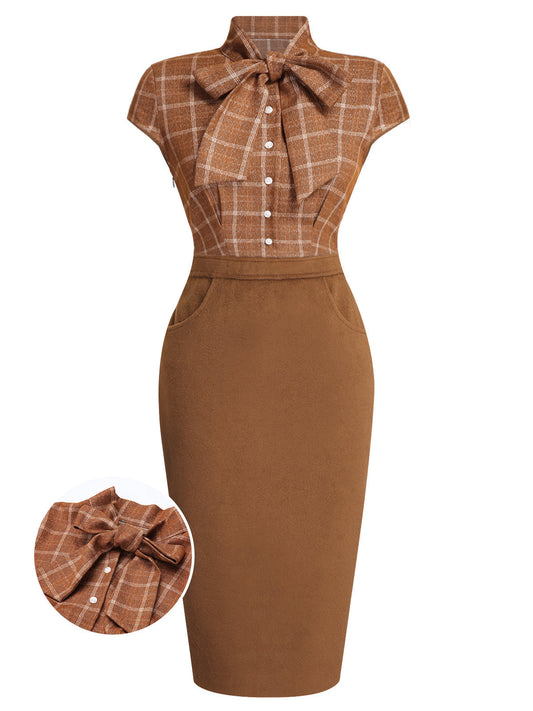 Brown 1960s Plaid Patchwork Pencil Dress