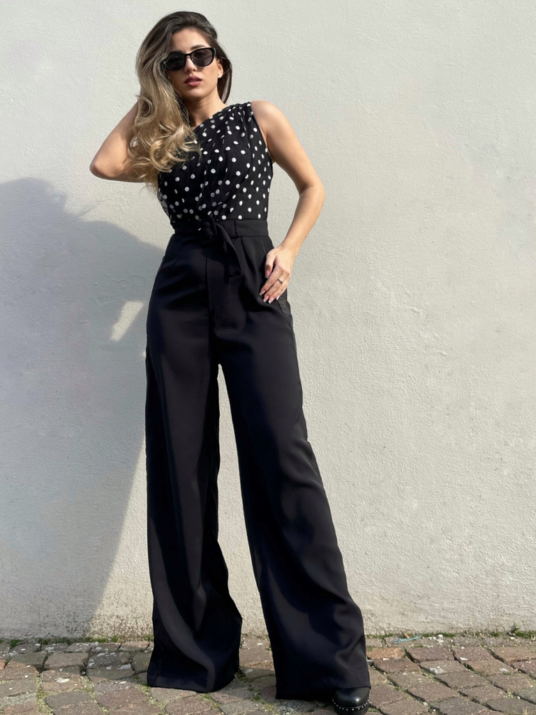 Black 1950s Polka Dots Patchwork Jumpsuit