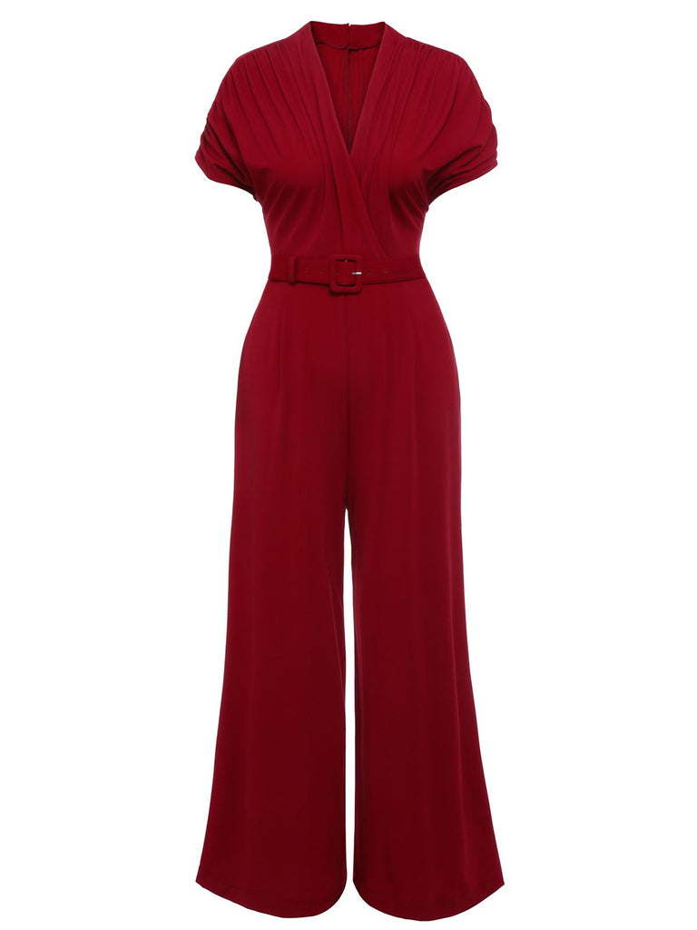Wine Red 1930s V-neck Solid Wrap Jumpsuit | Retro Stage