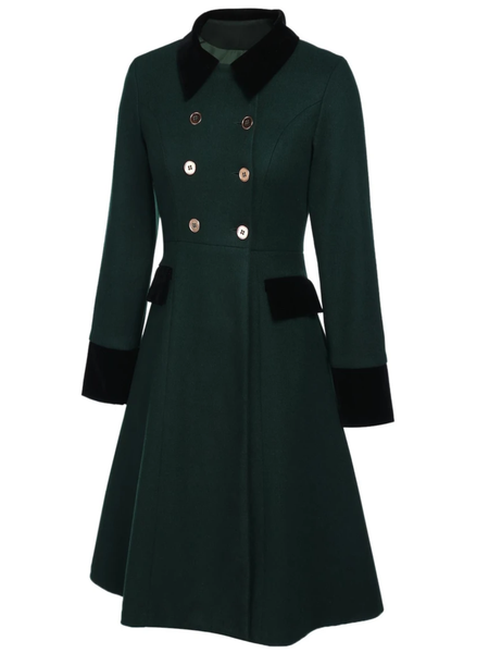 Dark Green 1940s Solid Button Coat | Retro Stage