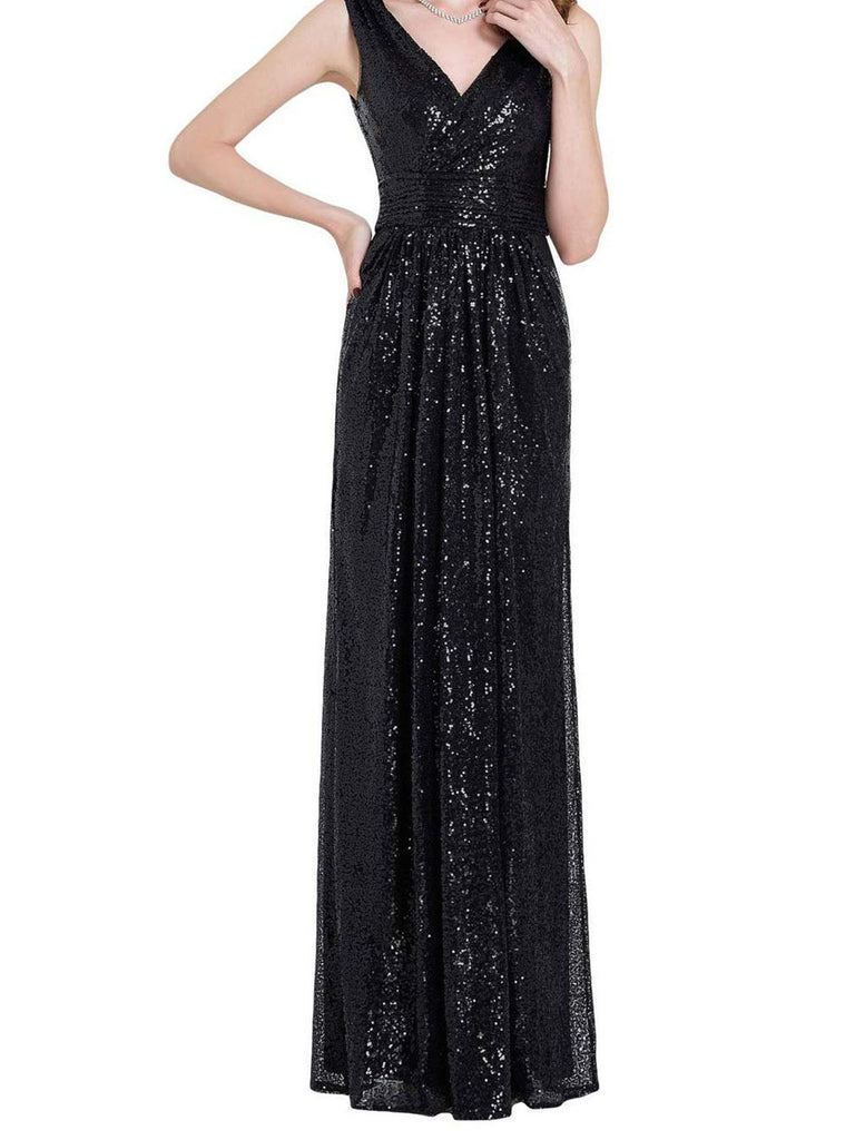 Solid V-neck Sequins Maxi Dress
