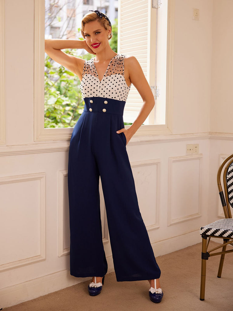 1950s Polka Dot Patchwork Button Jumpsuit