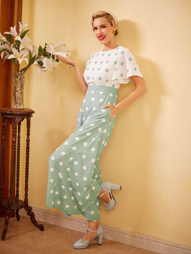 1950s Green White Splicing Polka Dot Jumpsuit