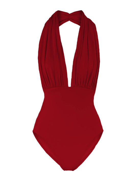 Red 1930s Retro Halter Solid One-piece Swimsuit