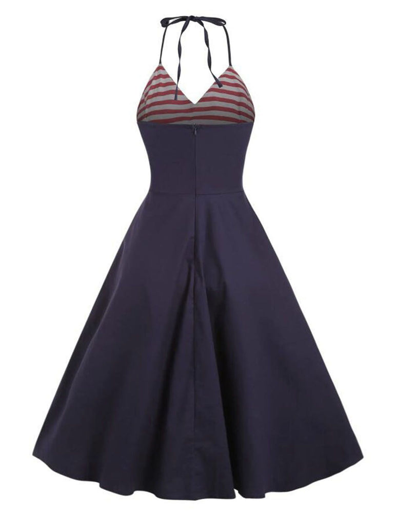 Navy 1950s Halter Stripes Button Dress