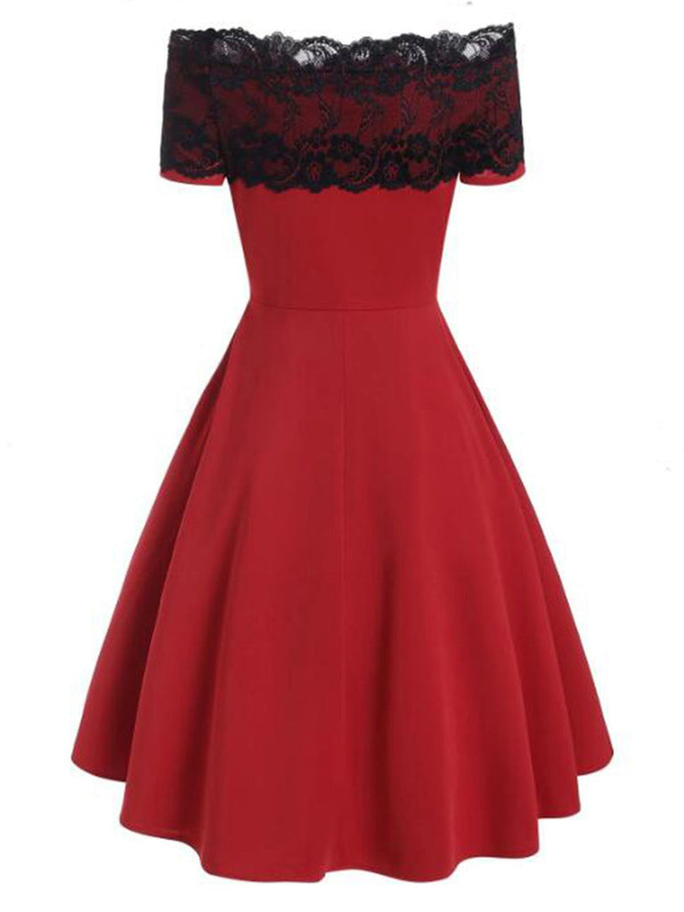 Red 1950s Off Shoulder Swing Dress