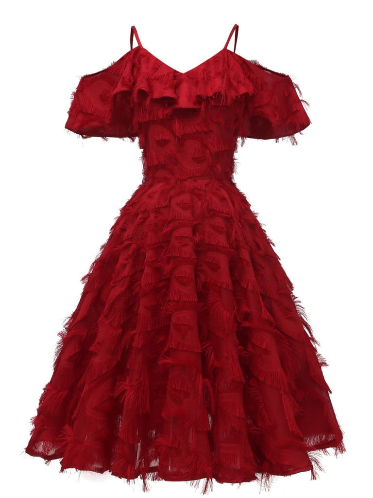 1950s Ruffle Tassel Feather Solid Dress