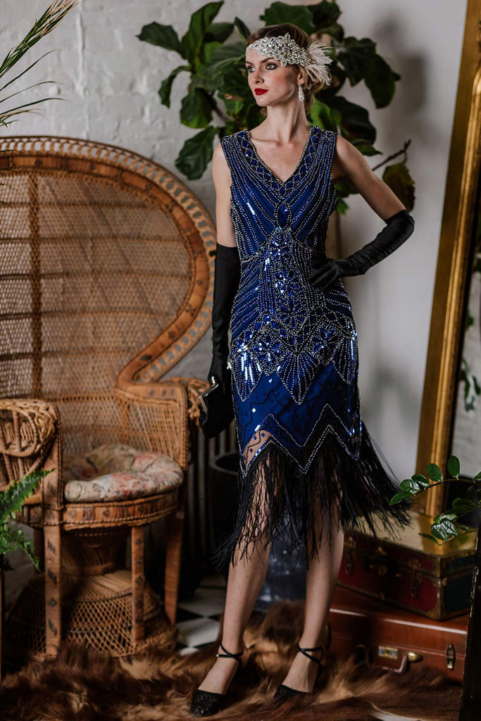 [US Warehouse] Blue 1920s Beaded Fringed Flapper Dresses | Retro Stage