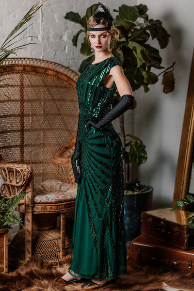 Green 1920s Sequin Art Deco Maxi Dress | Retro Stage