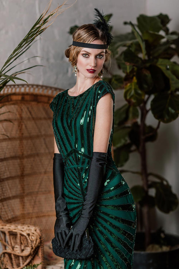 Green 1920s Sequin Art Deco Maxi Dress | Retro Stage